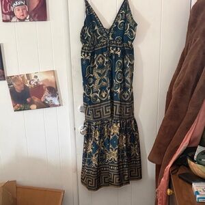 Elegant Teal and Gold Midi Dress